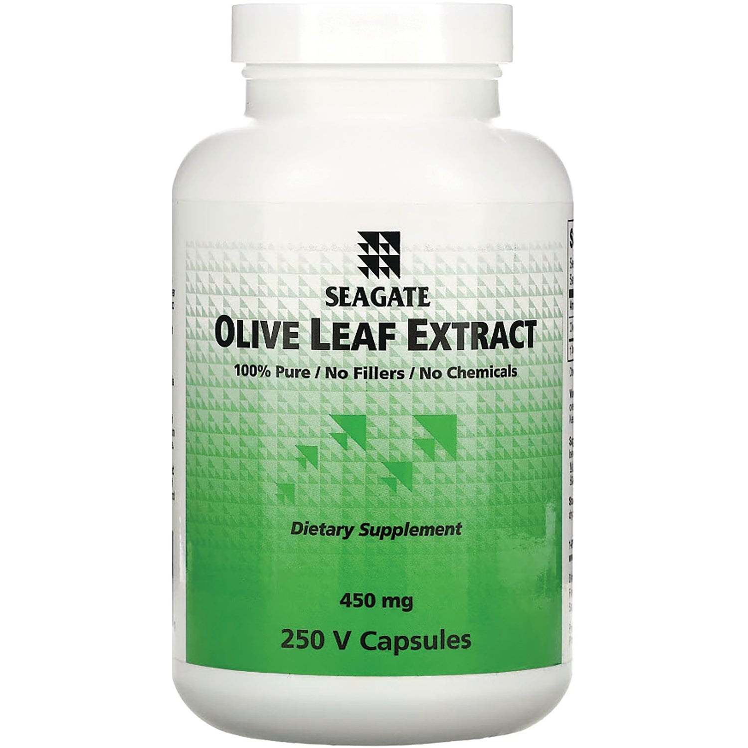 SEG005 | SEAGATE Olive Leaf Extract bottle front label showing 450 mg, 250 V Capsules