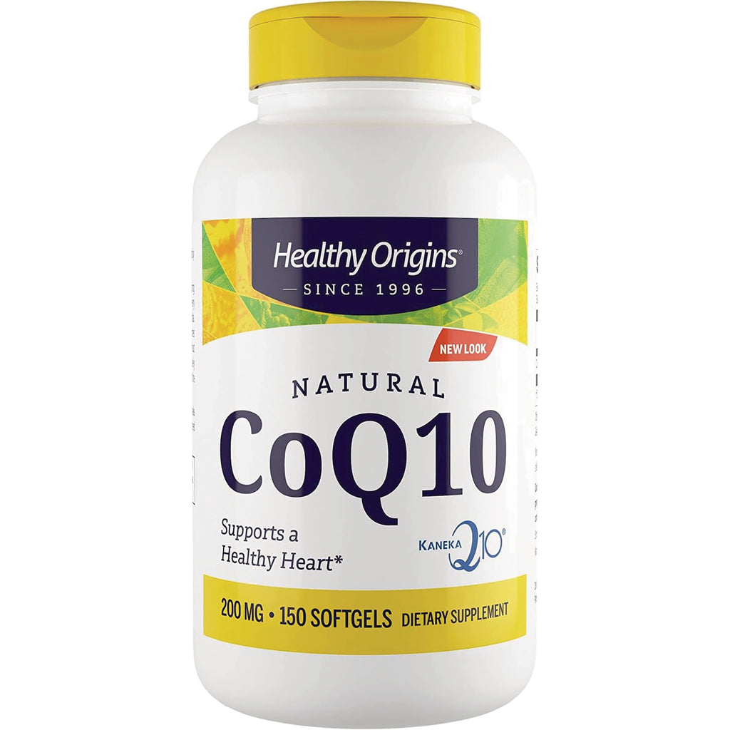 HRG054 | Healthy Origins Natural CoQ10 200 MG bottle, 150 softgels, white bottle with yellow cap and label - Thumbnail