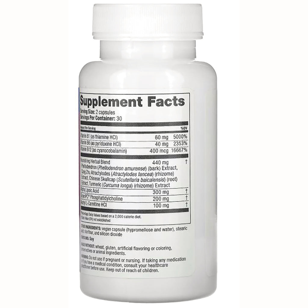 White supplement bottle back showing Supplement Facts label with serving size, ingredient list and nutrition facts - Thumbnail
