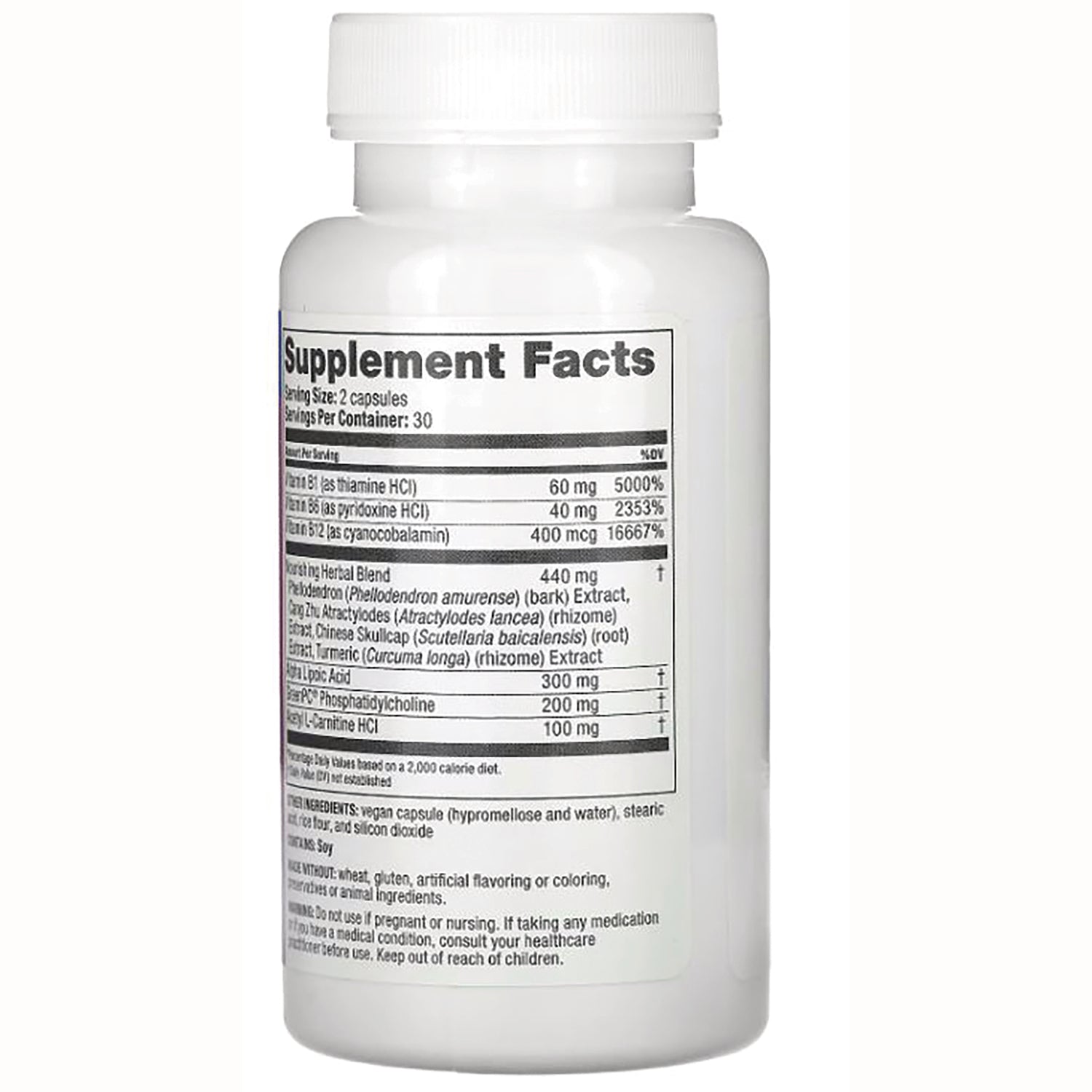 White supplement bottle back showing Supplement Facts label with serving size, ingredient list and nutrition facts