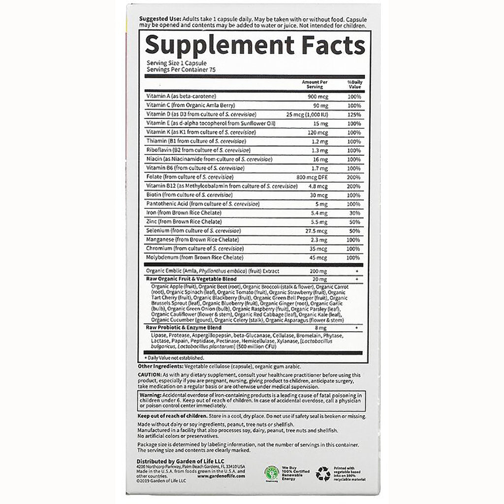 Supplement Facts label showing vitamins, minerals, serving size, ingredient and caution text on product back - Thumbnail