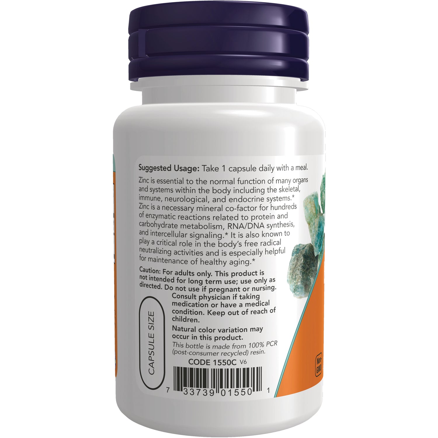 NWF1182 | Back of white supplement bottle showing suggested usage, caution text, capsule size label and barcode