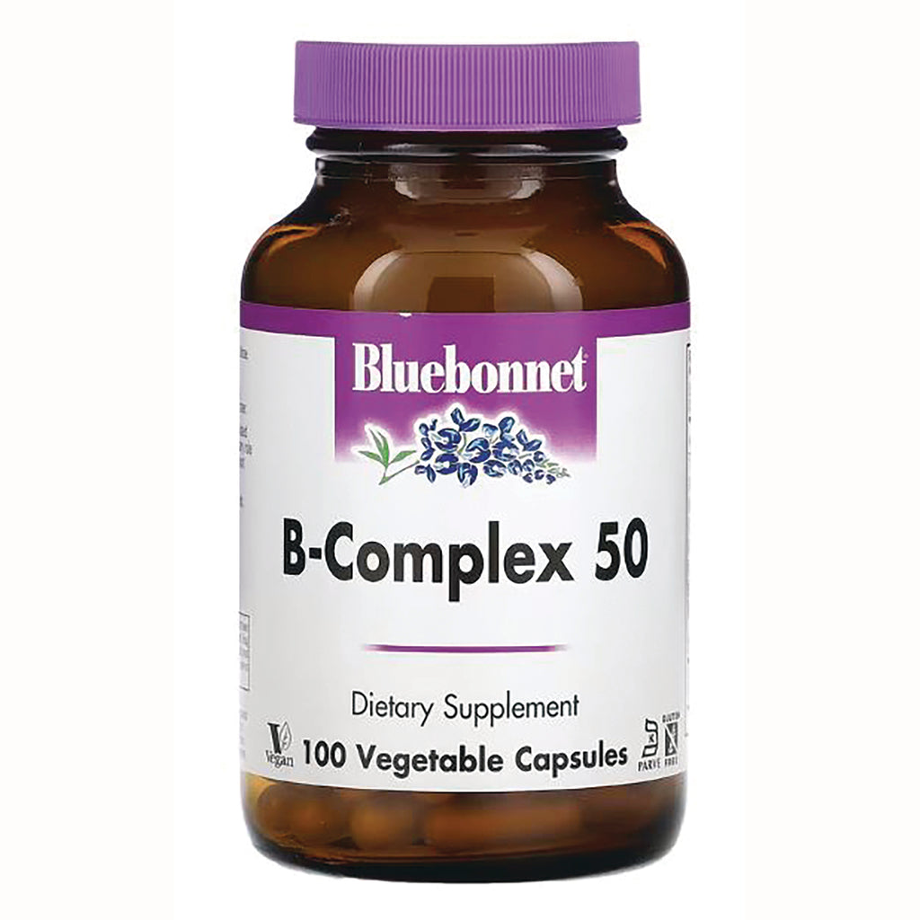 BLU055 | Bluebonnet B-Complex 50 dietary supplement bottle, 100 vegetable capsules, brown jar with purple cap - Thumbnail