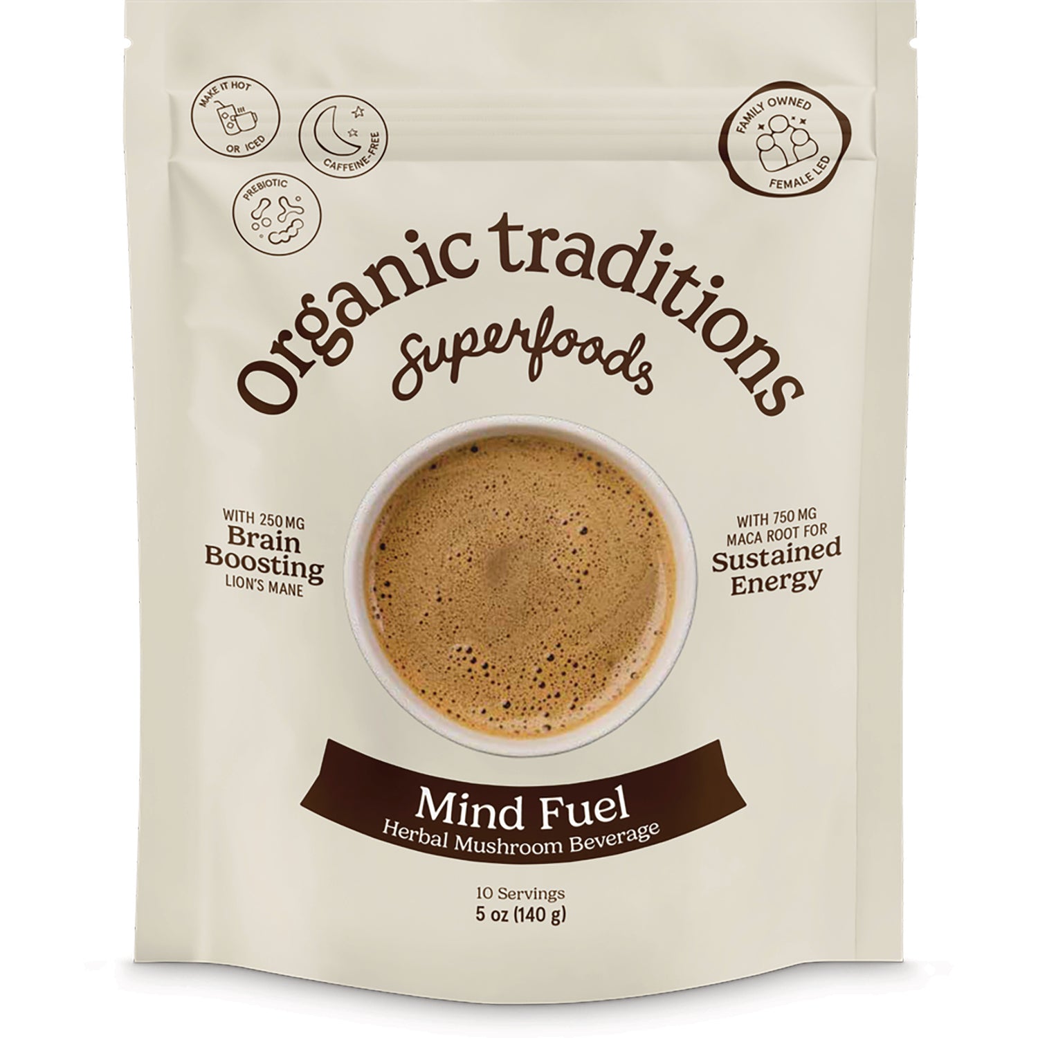 OTR101 | Organic Traditions Mind Fuel herbal mushroom beverage front pouch showing cup of drink and Brain Boosting text