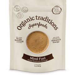 OTR101 | Organic Traditions Mind Fuel herbal mushroom beverage front pouch showing cup of drink and Brain Boosting text