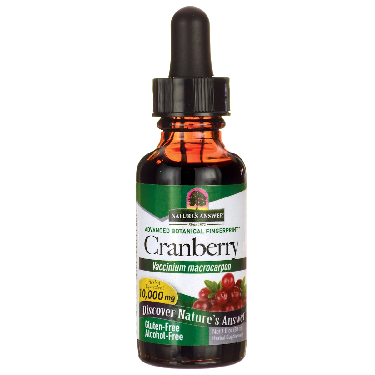 NAT124 | Amber dropper bottle labeled Cranberry Vaccinium macrocarpon 1 fl oz gluten-free alcohol-free