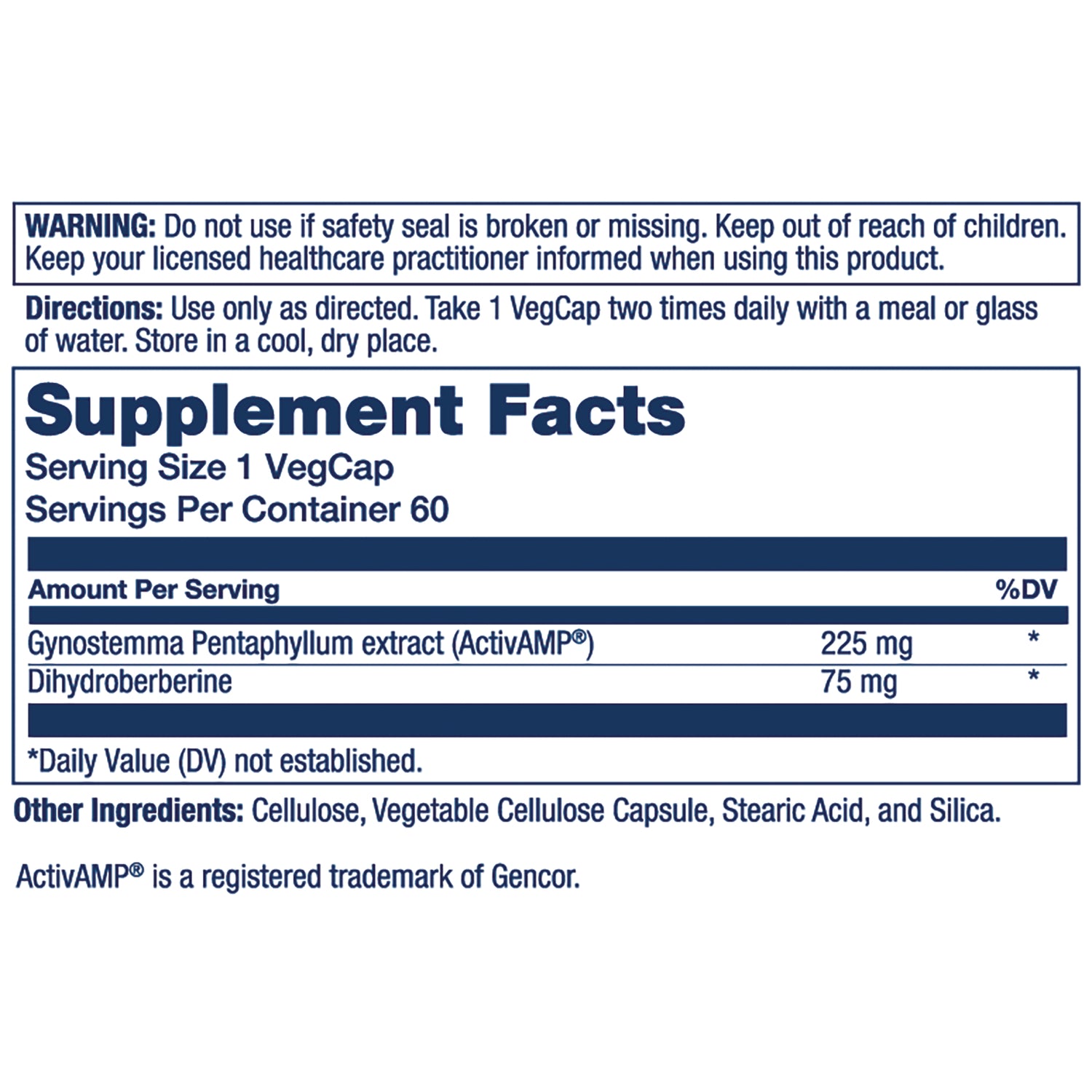 SLR536 | Supplement Facts label showing serving size 1 VegCap, Gynostemma Pentaphyllum extract 225 mg and dihydroberberine 75 mg