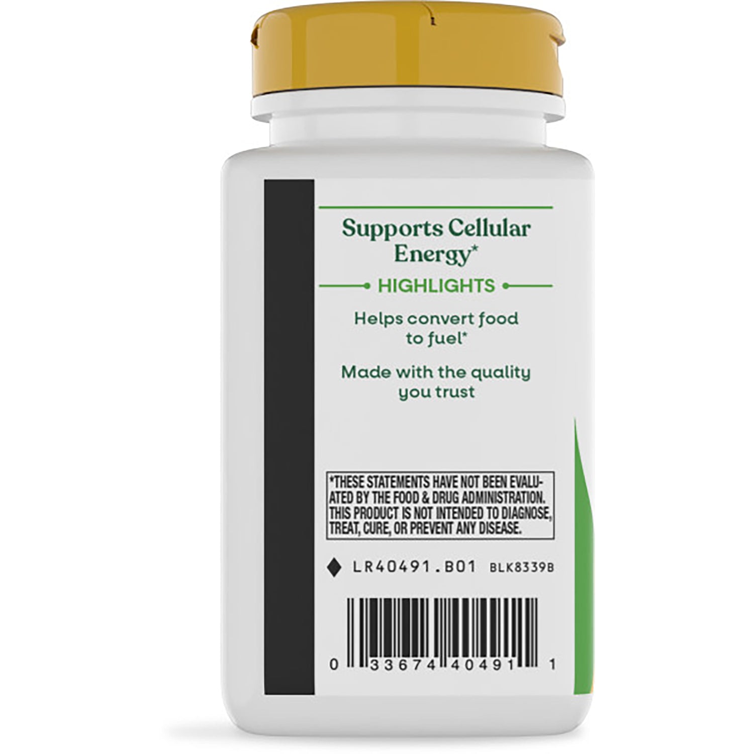 NW941 | back of white supplement bottle with yellow cap showing product description text and barcode