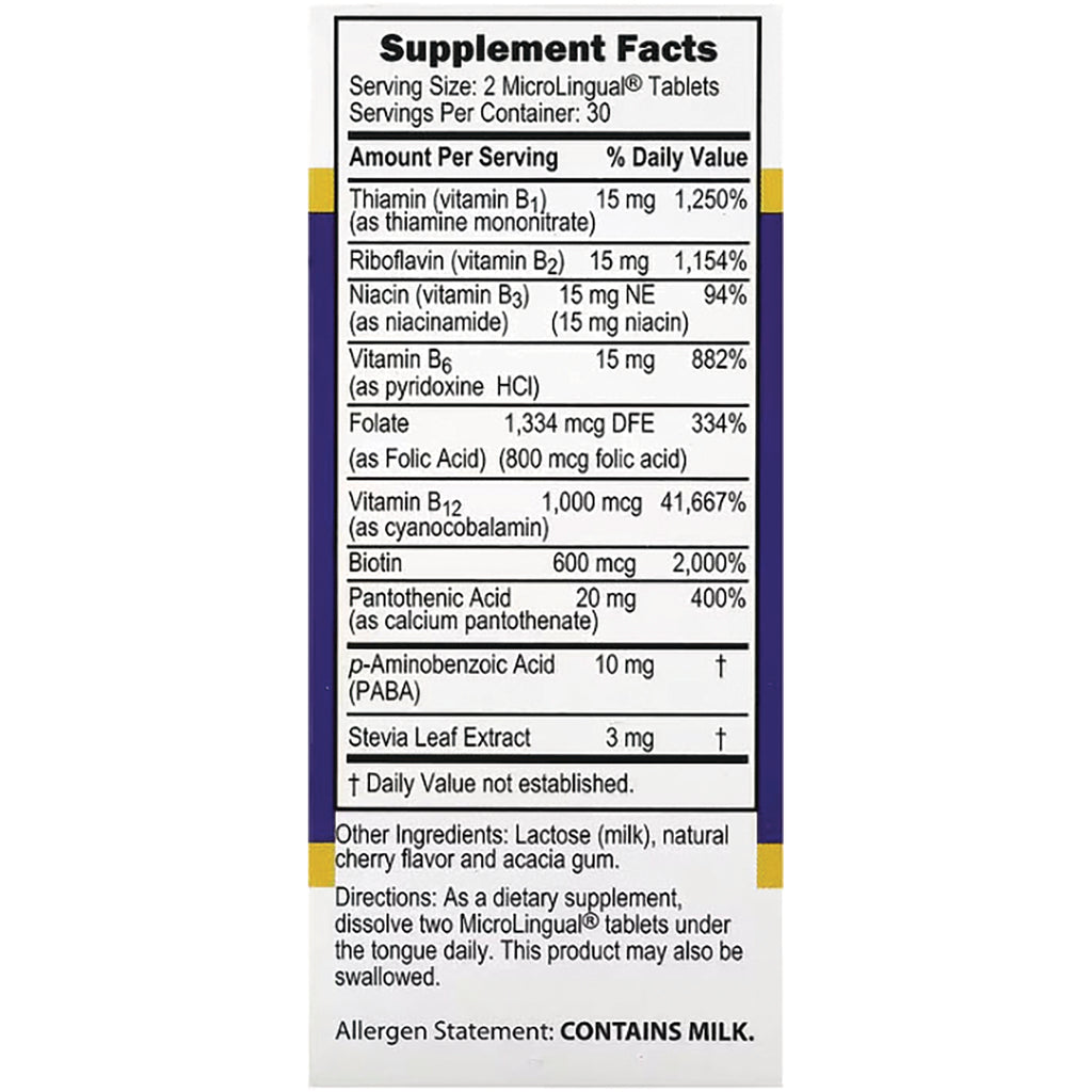 SUS017 | Supplement Facts panel with B vitamins, folate, biotin, directions, and allergen statement CONTAINS MILK - Thumbnail