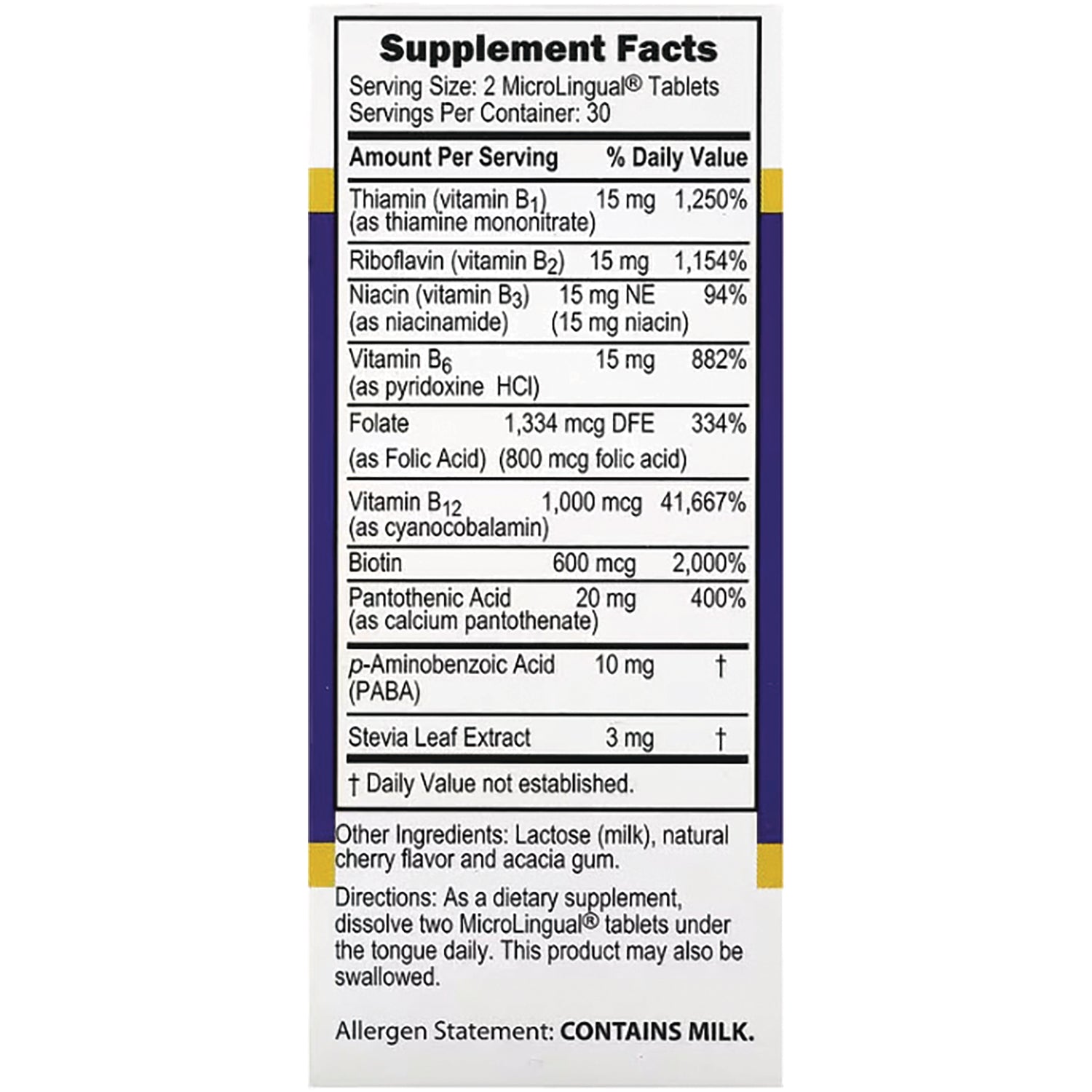 SUS017 | Supplement Facts panel with B vitamins, folate, biotin, directions, and allergen statement CONTAINS MILK