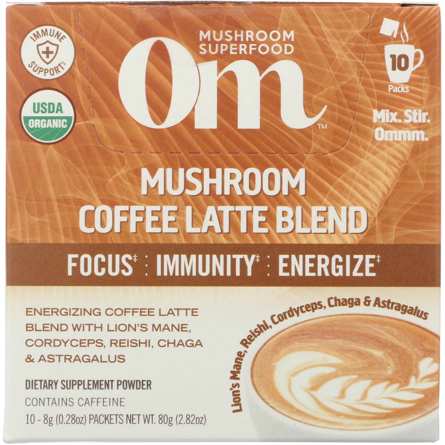 MMX036 | Om mushroom coffee latte blend box with latte art, 10 packs, USDA Organic