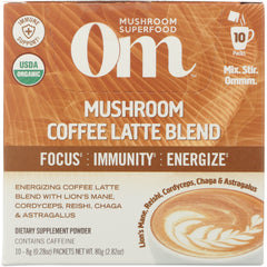 MMX036 | Om mushroom coffee latte blend box with latte art, 10 packs, USDA Organic