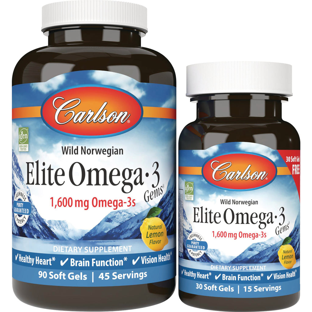 CSN113 | Two Carlson Elite Omega-3 supplement bottles, Wild Norwegian 1,600 mg Omega-3s, natural lemon flavor - Thumbnail