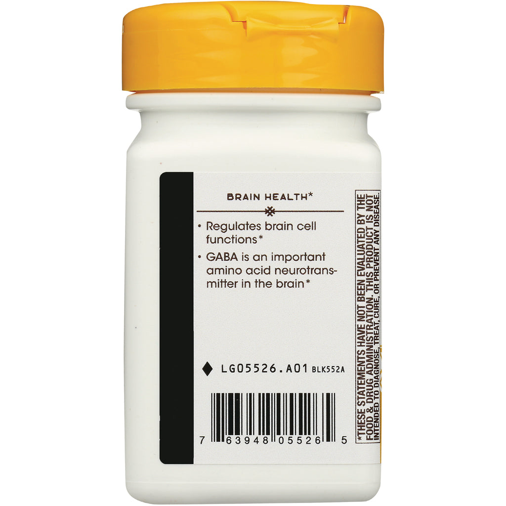 ET451 | back label of white supplement bottle reading BRAIN HEALTH, bullets about GABA and brain cell function and a barcode - Thumbnail