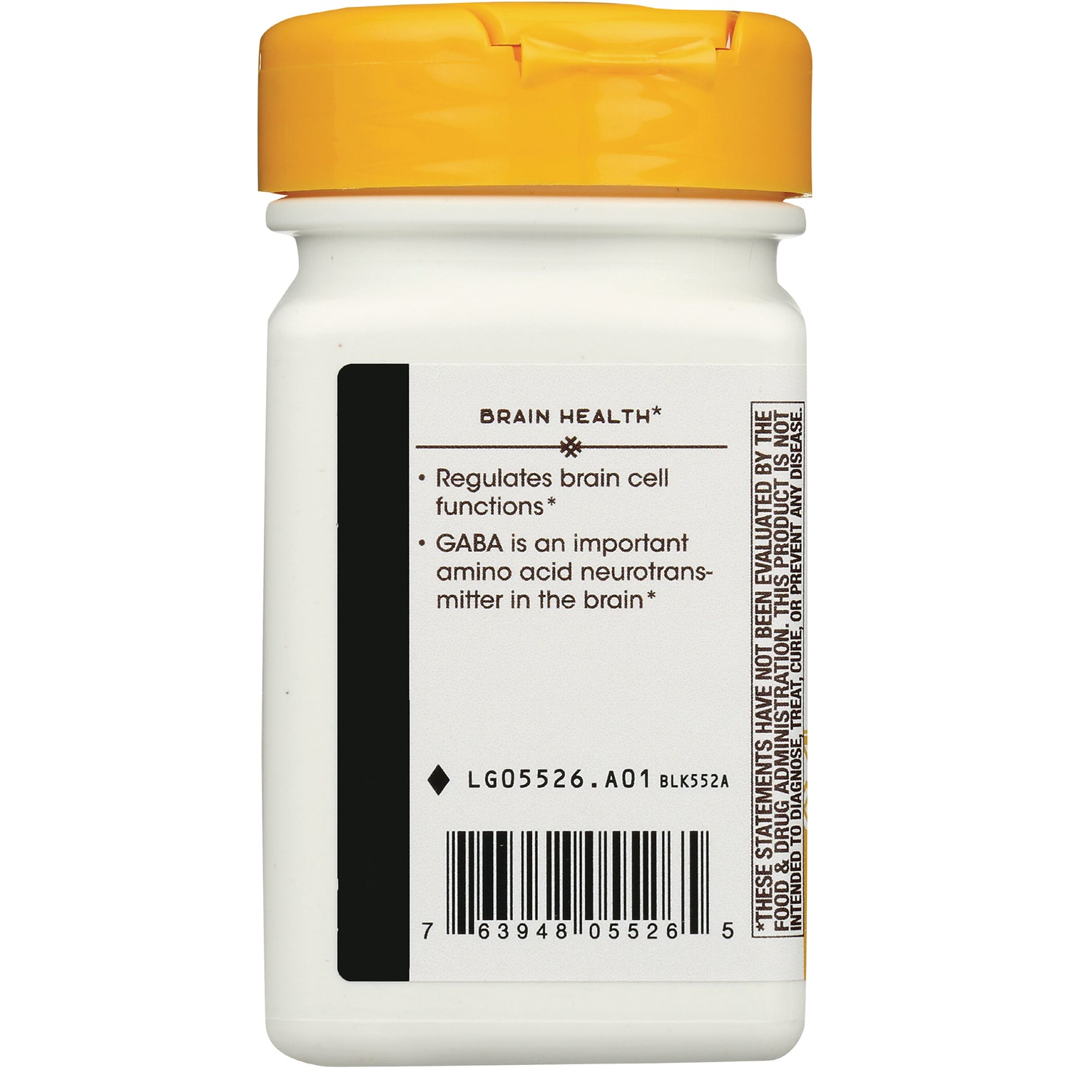 ET451 | back label of white supplement bottle reading BRAIN HEALTH, bullets about GABA and brain cell function and a barcode