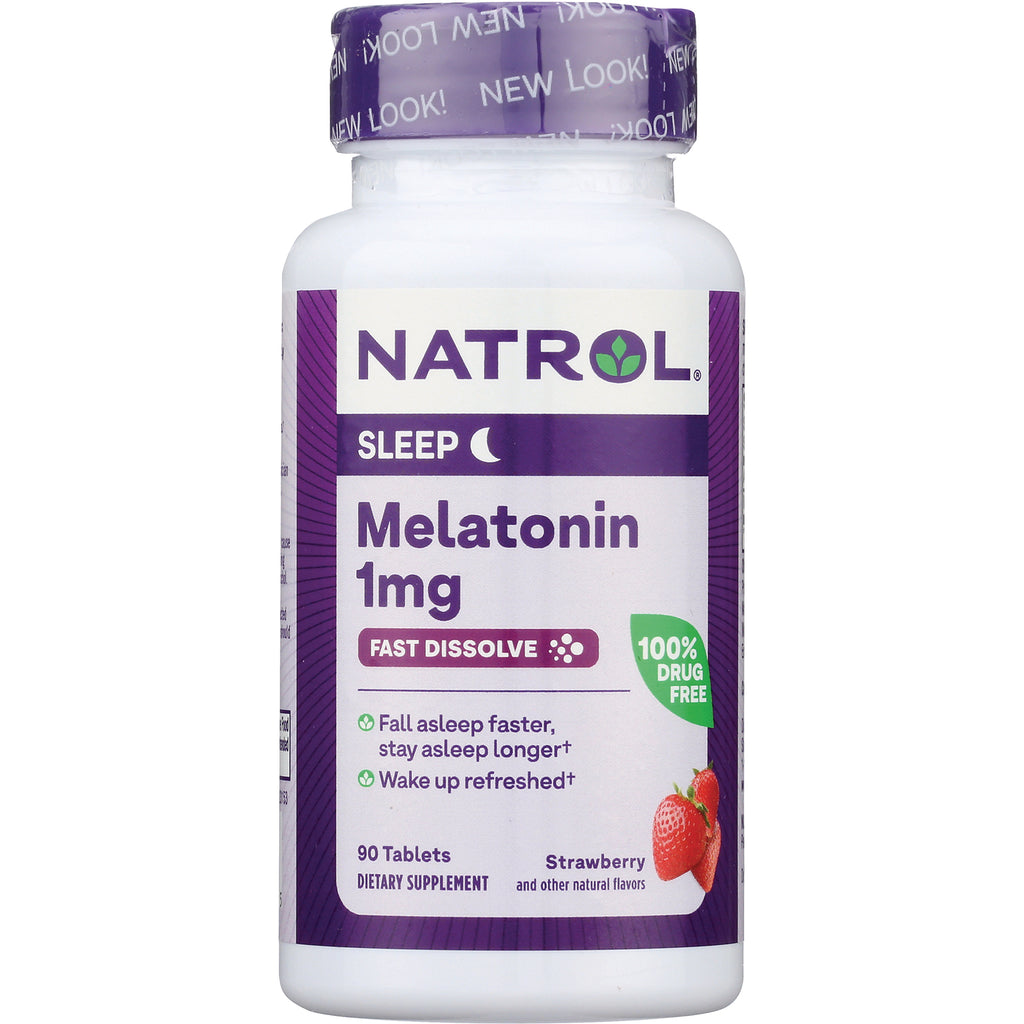 NA539 | Natrol Melatonin 1 mg fast dissolve tablets bottle, strawberry flavor, 90 tablets, front view - Thumbnail