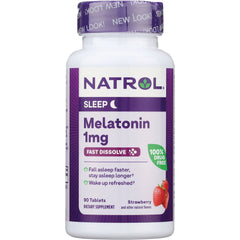 NA539 | Natrol Melatonin 1 mg fast dissolve tablets bottle, strawberry flavor, 90 tablets, front view
