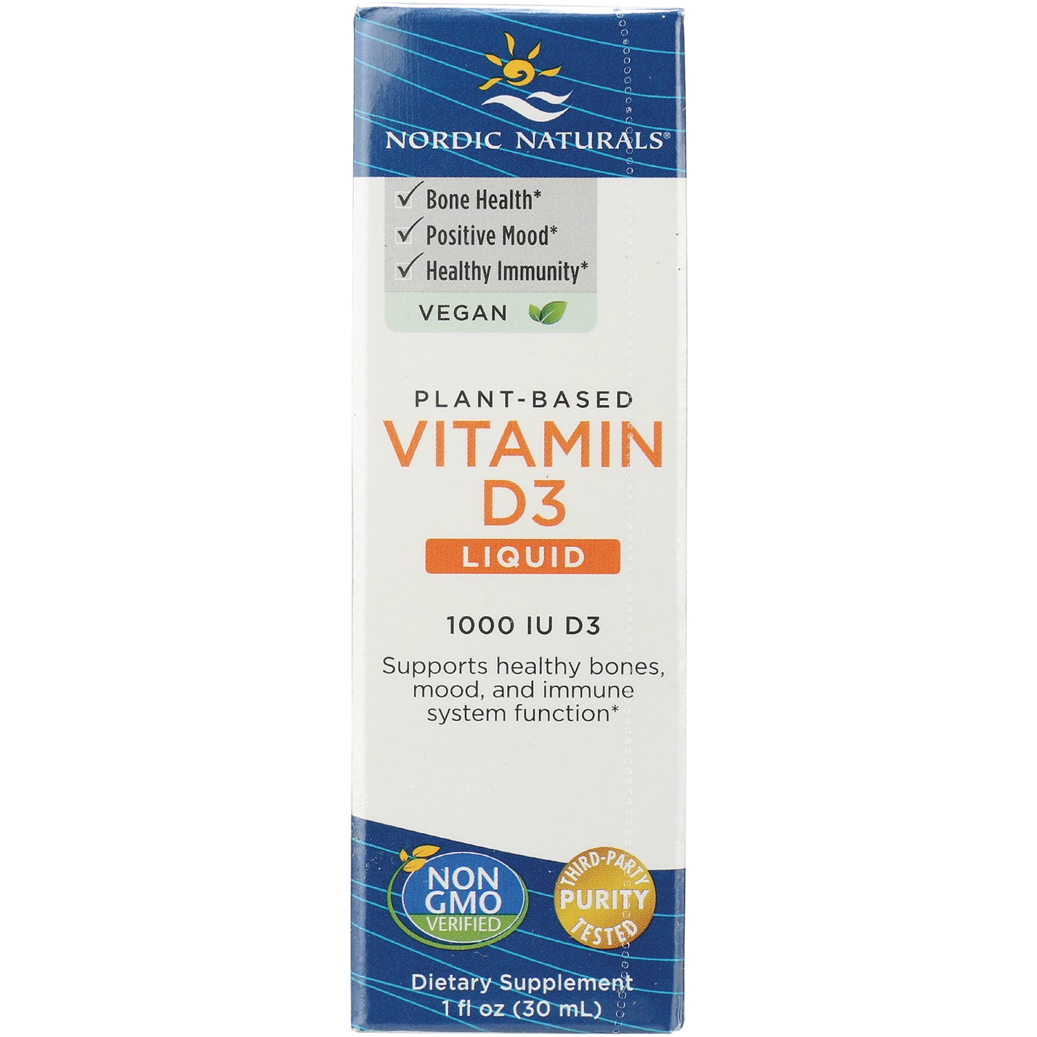 NRN069 | Nordic Naturals plant-based Vitamin D3 liquid 1000 IU front panel with vegan and non-GMO labels