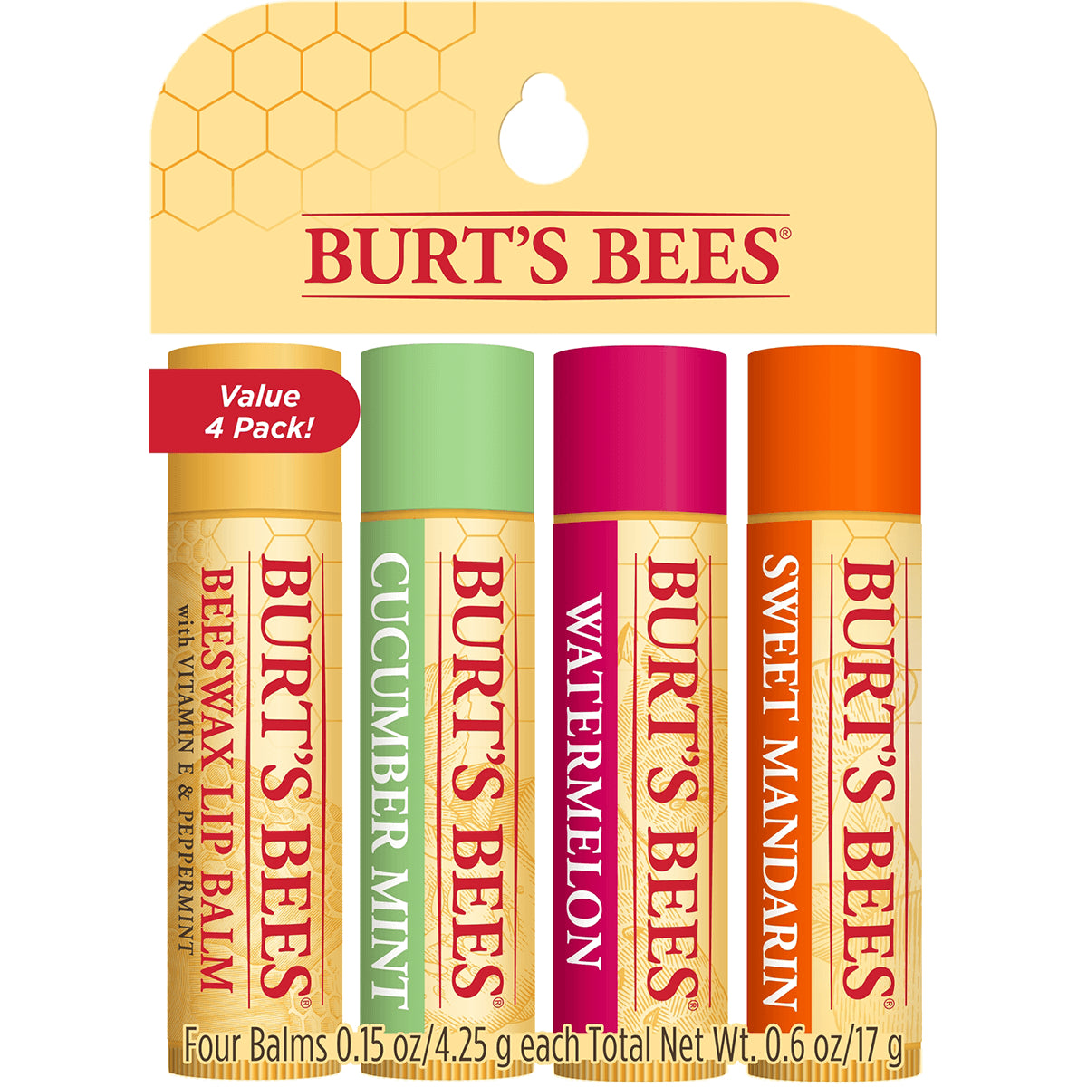 BTB317 | Burt's Bees four-pack lip balms in Beeswax, Cucumber Mint, Watermelon and Sweet Mandarin packaging