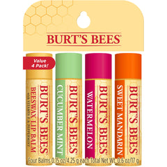 BTB317 | Burt's Bees four-pack lip balms in Beeswax, Cucumber Mint, Watermelon and Sweet Mandarin packaging