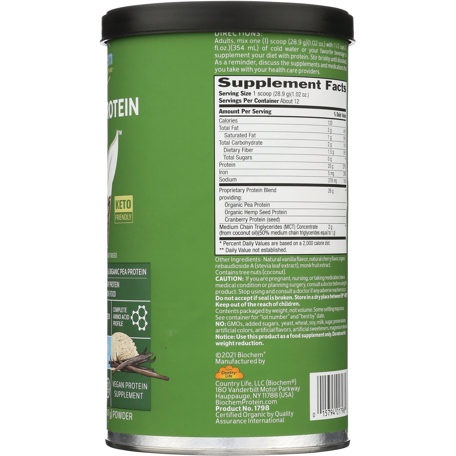 CRL365 | Back of green supplement can showing Supplement Facts panel, directions, ingredients and barcode