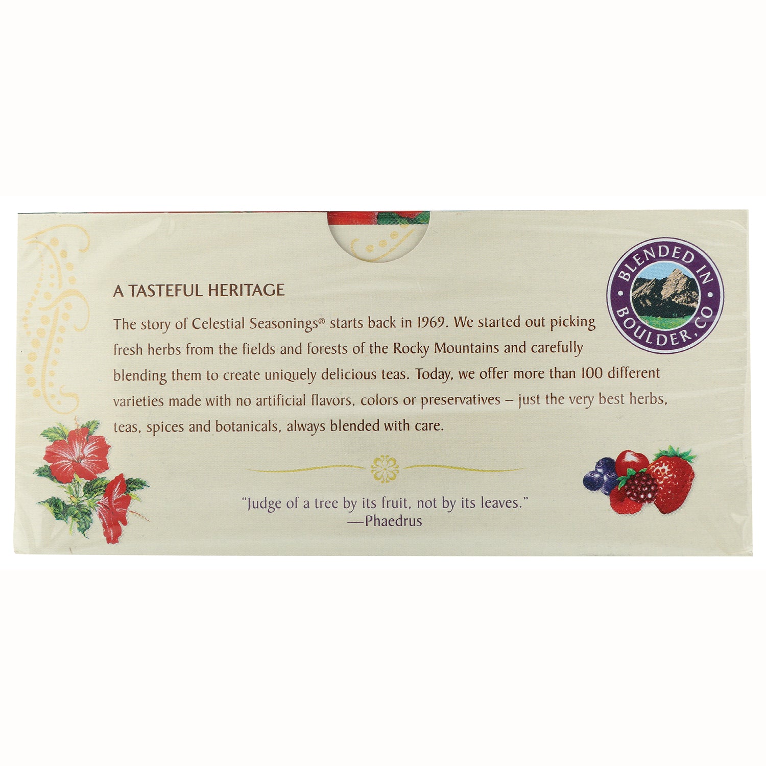 CEL008 | product infographic panel titled A TASTEFUL HERITAGE with brand story text, hibiscus and berry illustrations and Blended in Boulder seal