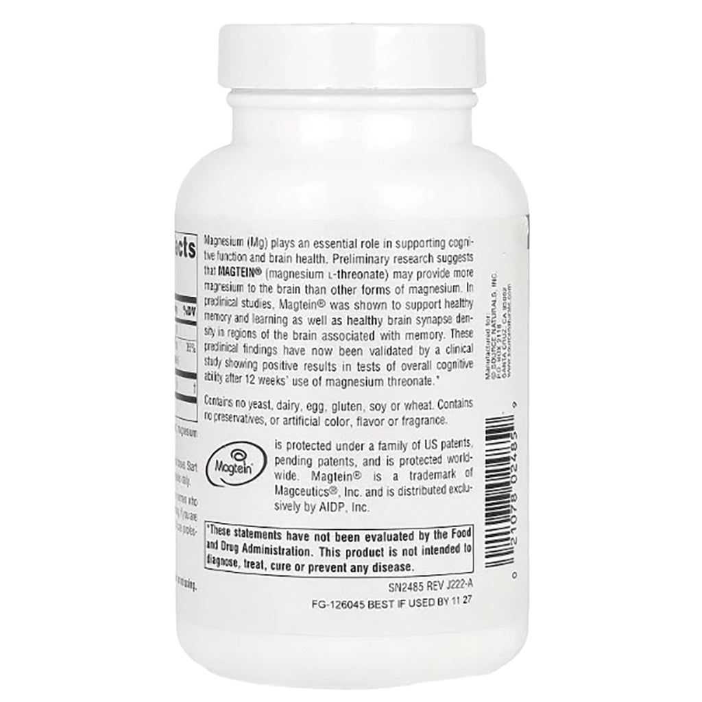SN546 | Back label with magnesium (Mg) and Magtein information, supplement details, barcode, and FDA disclaimer - Thumbnail