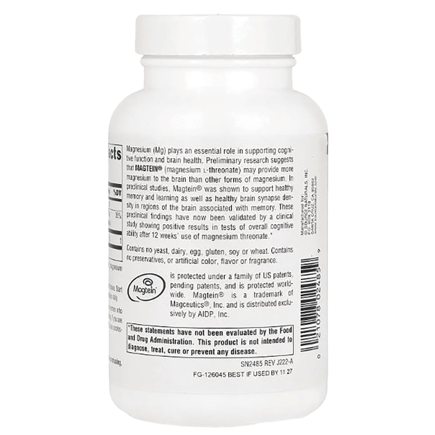SN546 | Back label with magnesium (Mg) and Magtein information, supplement details, barcode, and FDA disclaimer