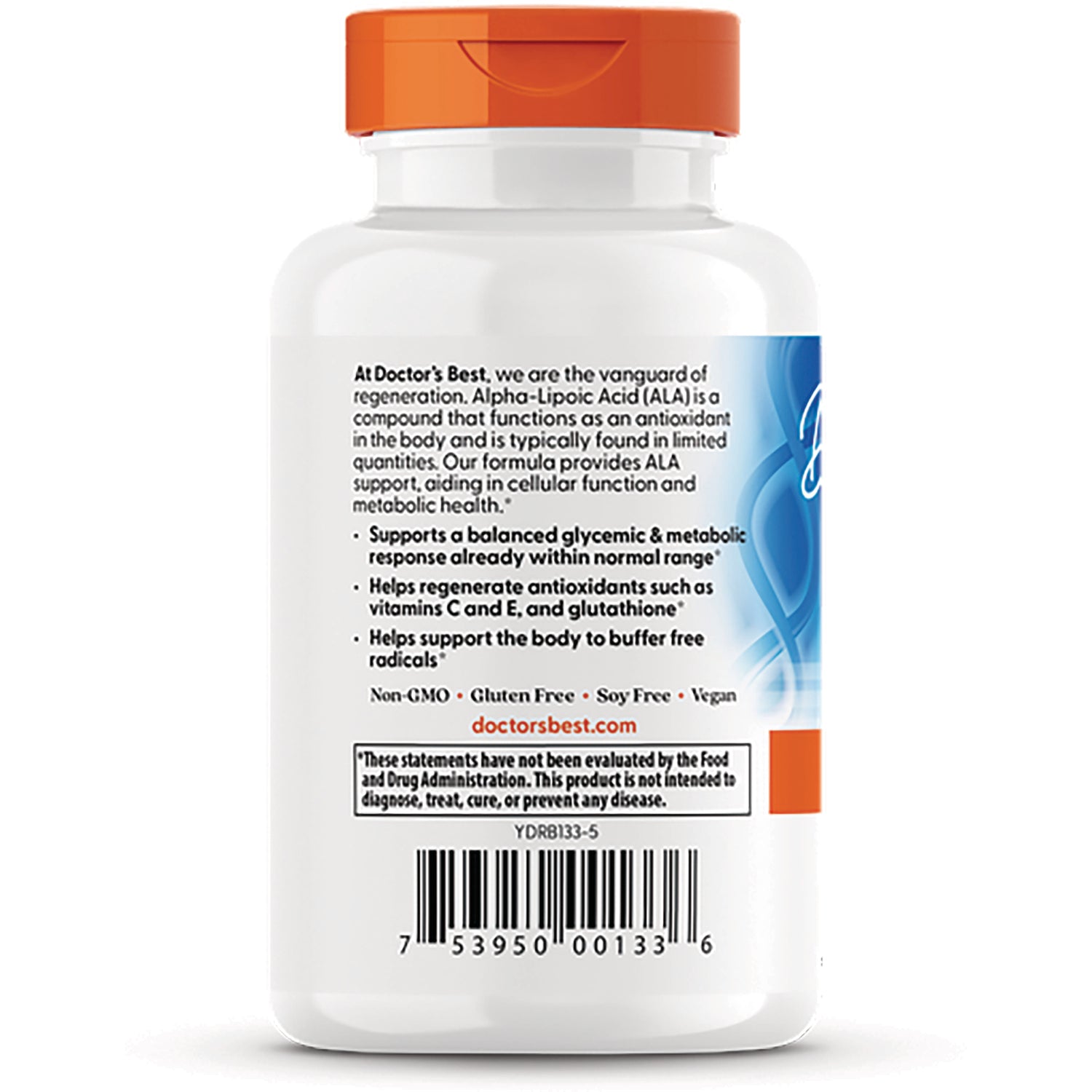 DB075 | Back label of white supplement bottle with bullet points, non-GMO and gluten free claims and barcode