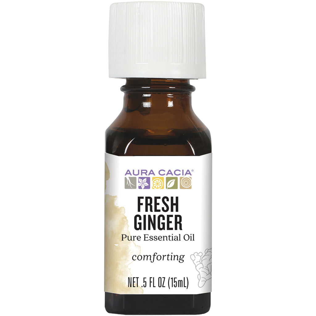 ARC270 | Brown glass bottle of Aura Cacia Fresh Ginger pure essential oil 0.5 fl oz label comforting - Thumbnail