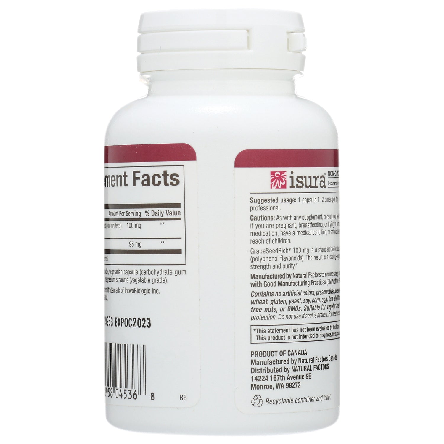 NFC043 | back of white supplement bottle showing supplement facts panel, barcode, usage and manufacturer information