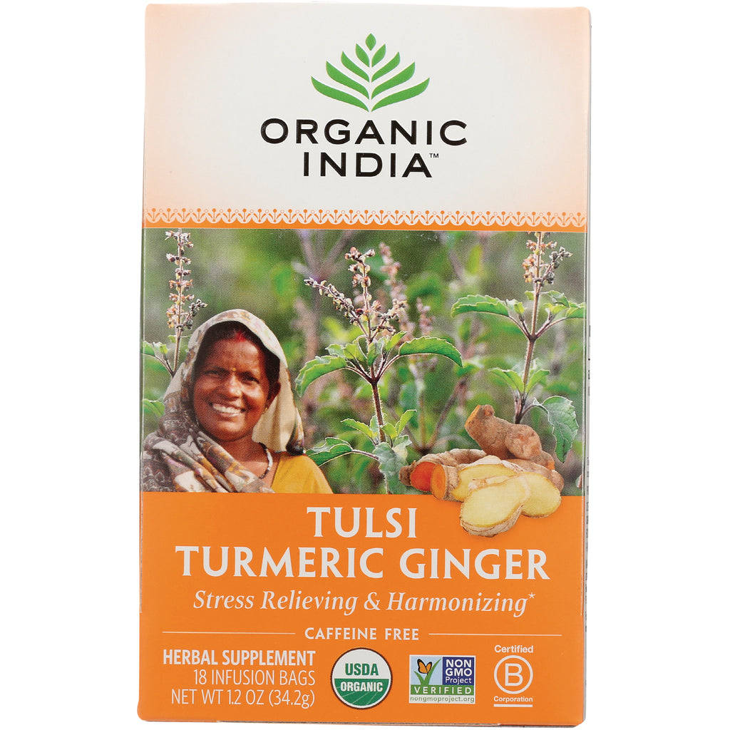 RGN074 | Organic India Tulsi Turmeric Ginger tea box front showing smiling woman, turmeric and ginger roots, USDA Organic badge - Thumbnail