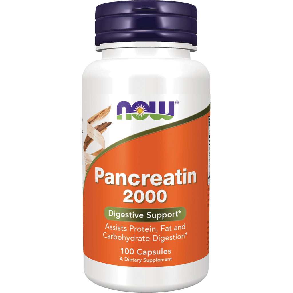NWF697 | NOW Pancreatin 2000 supplement bottle with orange label, digestive support, 100 capsules - Thumbnail