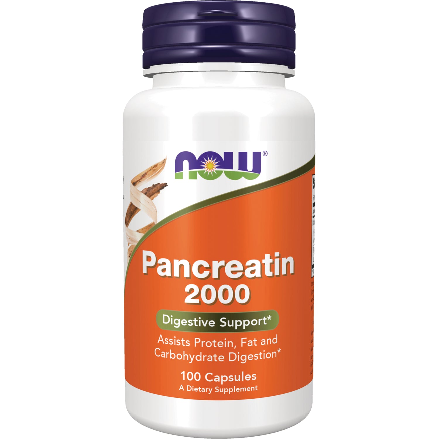 NWF697 | NOW Pancreatin 2000 supplement bottle with orange label, digestive support, 100 capsules