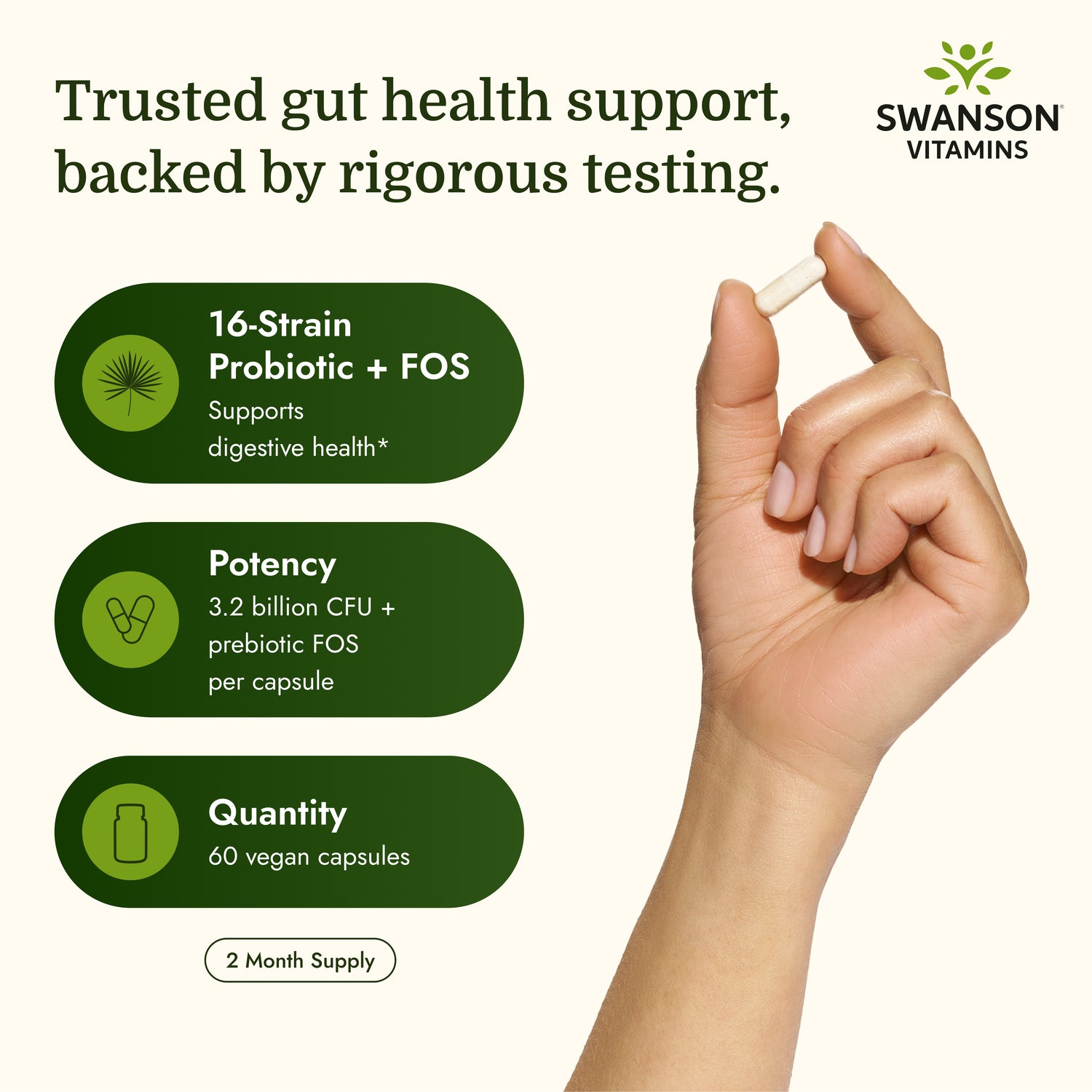 SWA051 | pill image in hand with text trusted gut health support backed by rigorous testing