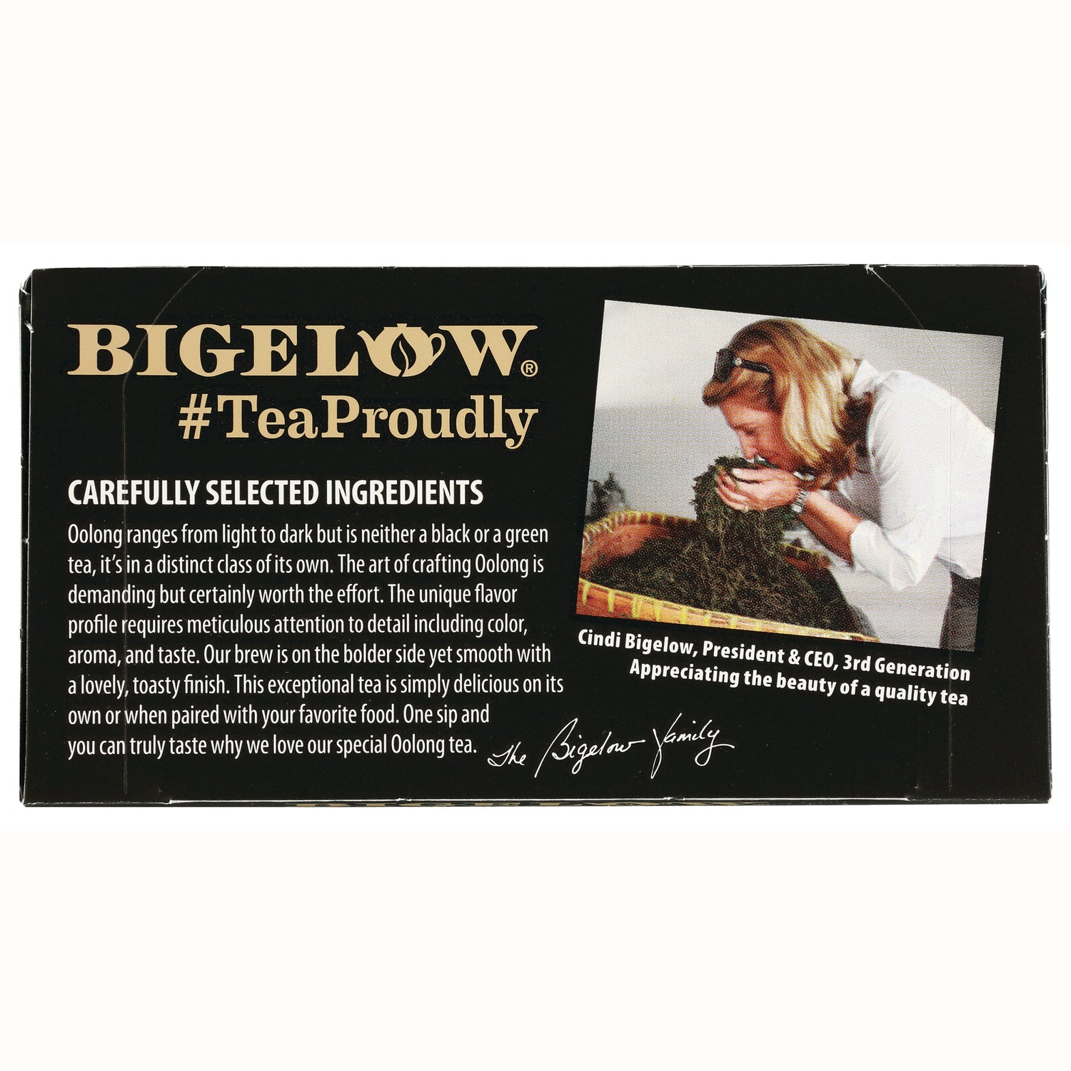 BGT022 | BIGELOW #TeaProudly back panel with carefully selected ingredients text and photo of a woman smelling tea