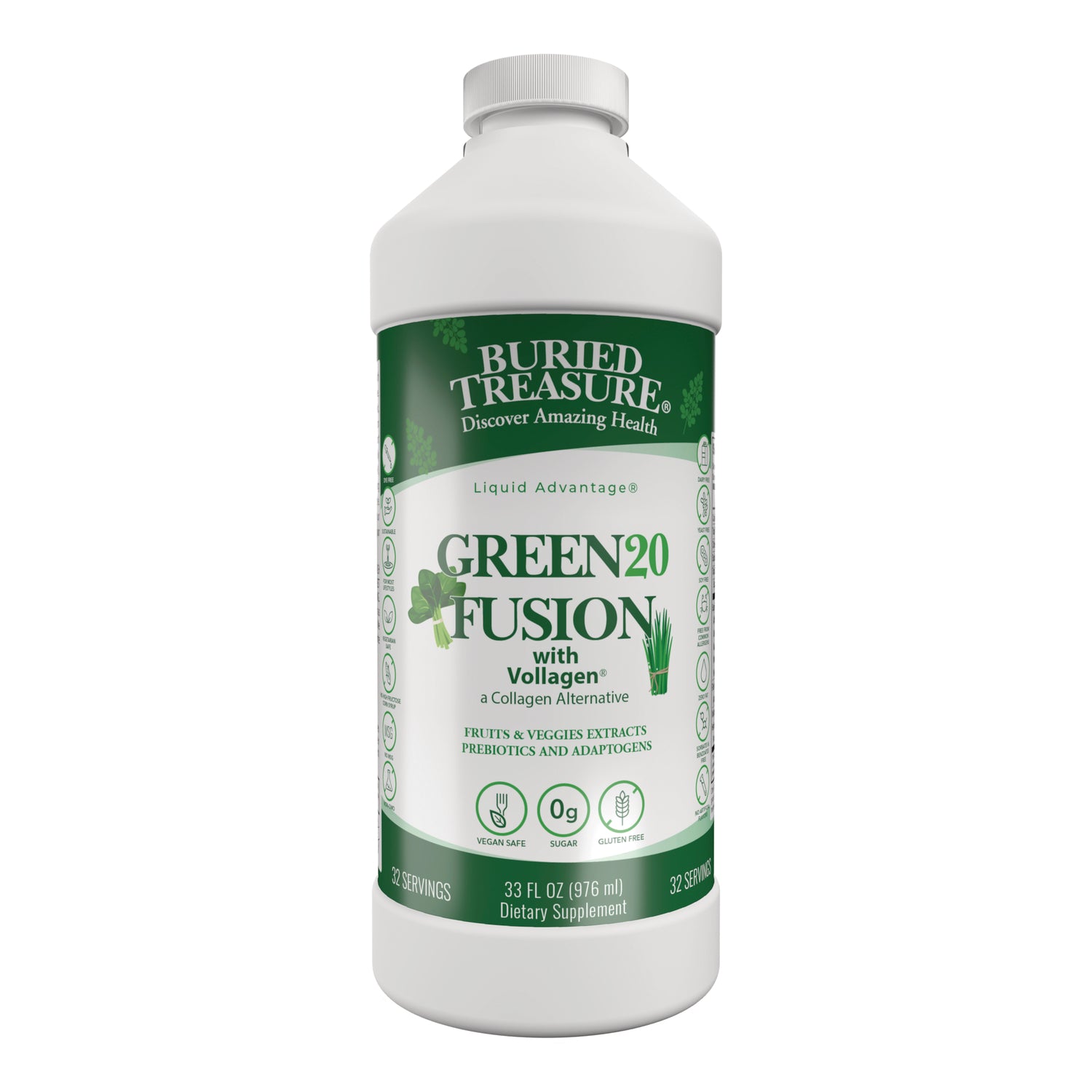 BTR048 | Buried Treasure Green20 Fusion liquid supplement bottle front showing label with product name and claims