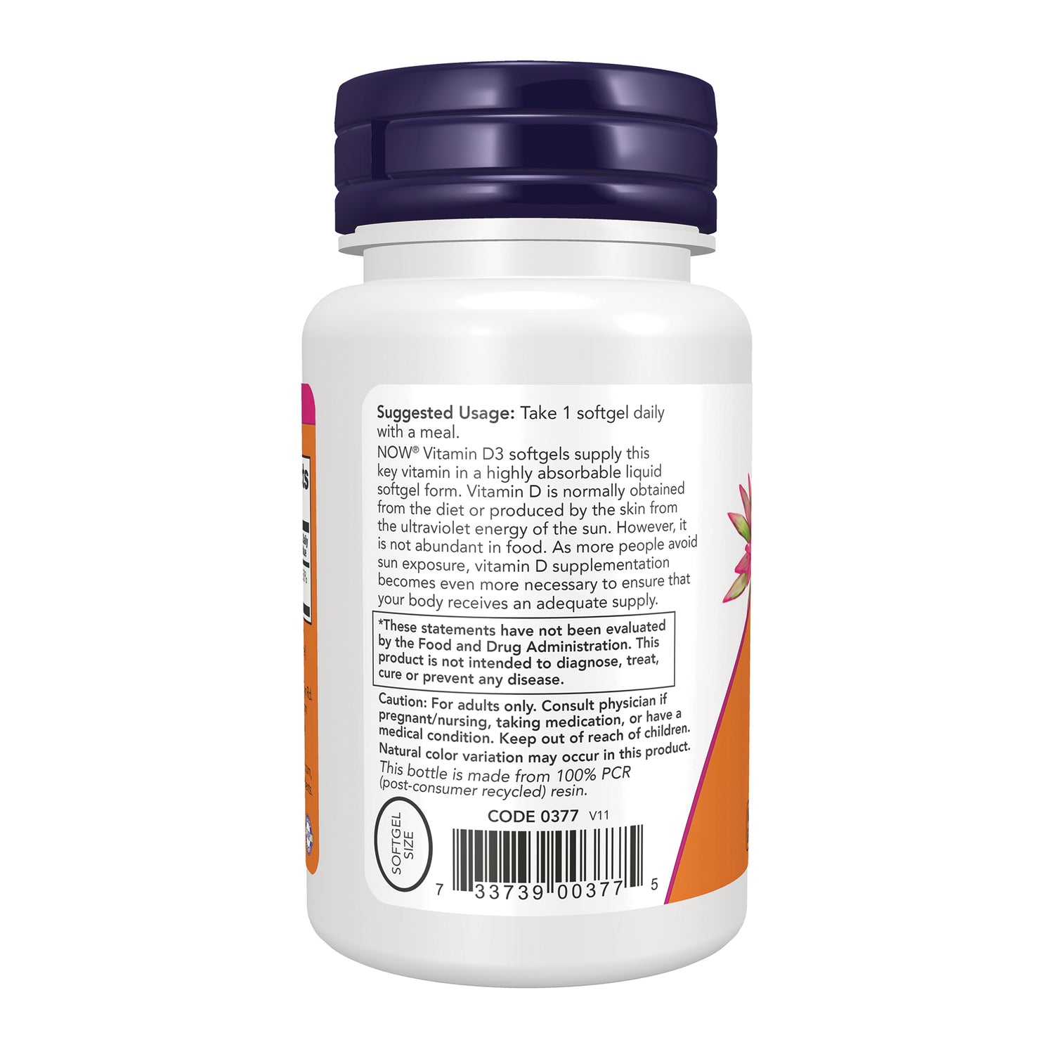 NWF643 | Back label of white supplement bottle showing suggested usage, barcode, and warnings