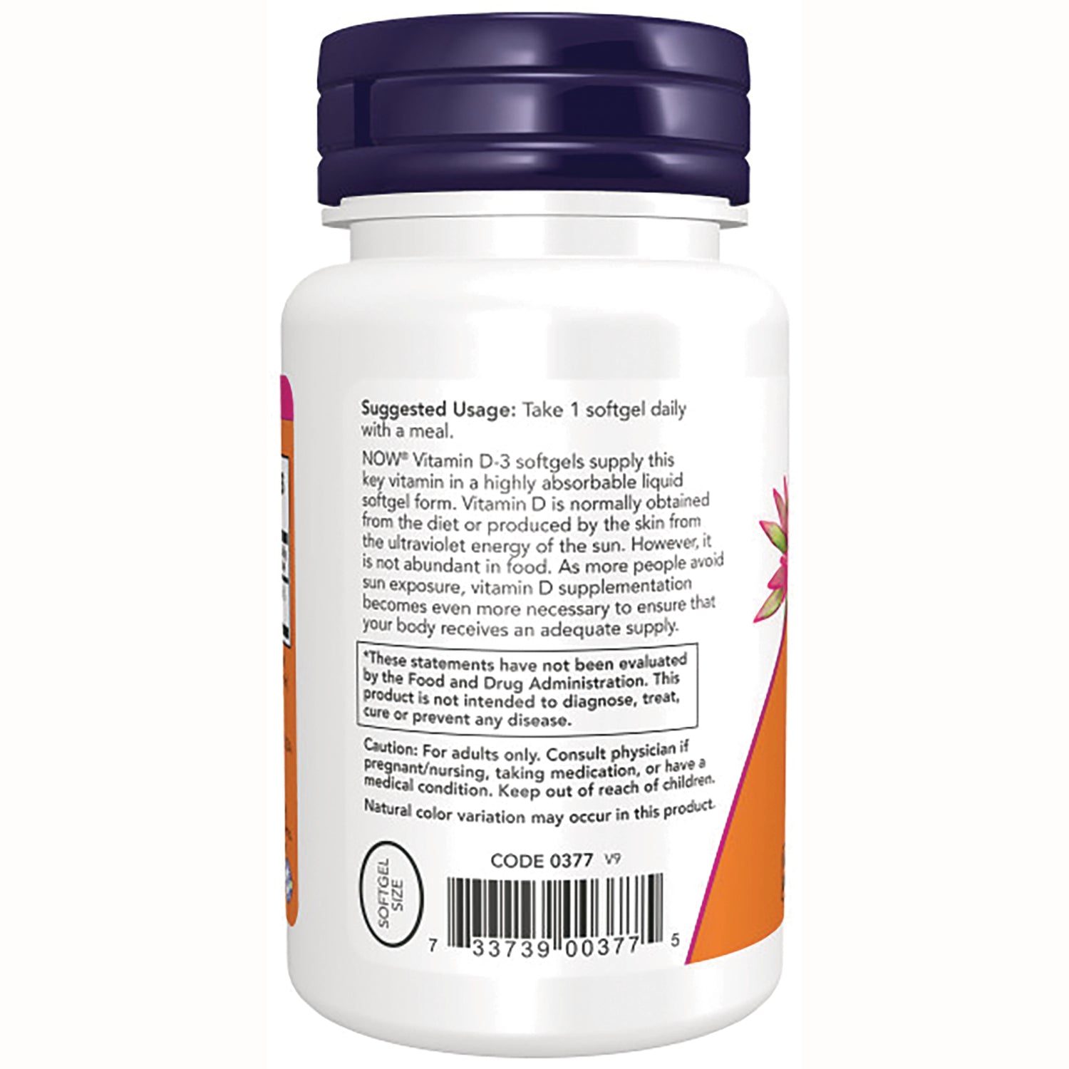 NWF643 | Back label of white supplement bottle showing suggested usage, barcode, and warnings