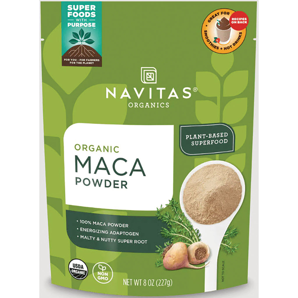 Navitas Organics front pouch showing Organic Maca Powder label, spoon of powder and maca roots - Thumbnail