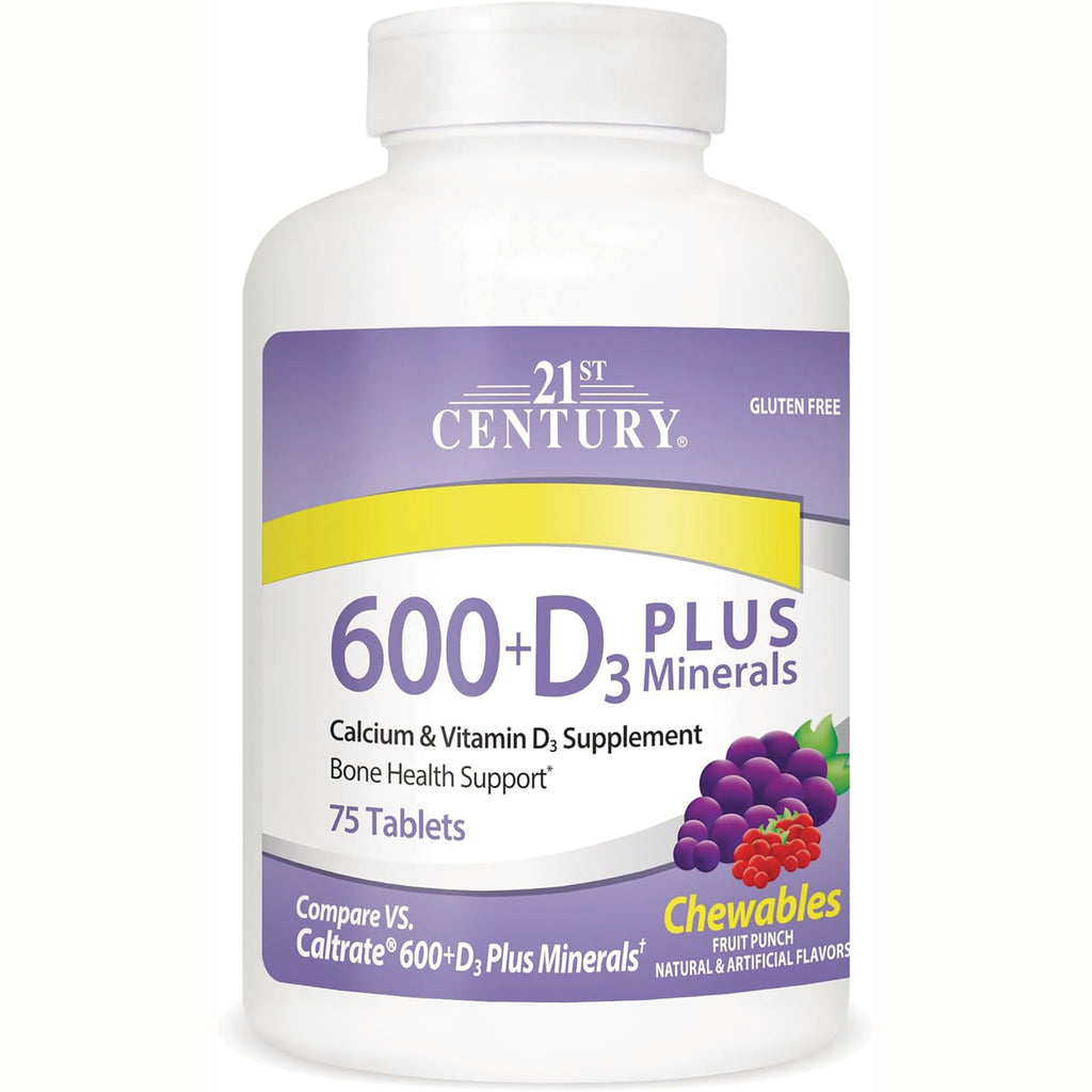 CNT204 | 21st Century 600+D3 Plus Minerals chewable calcium and vitamin D3 supplement bottle, 75 tablets, fruit punch - Thumbnail