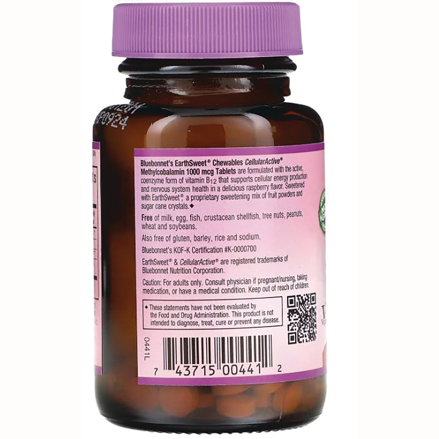 BLU073 | Back of amber supplement bottle with purple cap showing EarthSweet Chewables label, ingredients text, barcode and QR code