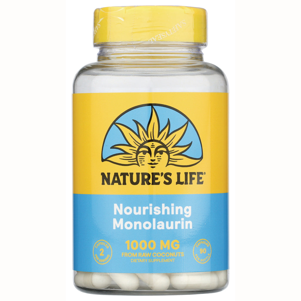 HS059 | Front view of Nature's Life Nourishing Monolaurin 1000 MG bottle with yellow and blue label and white capsules visible - Thumbnail