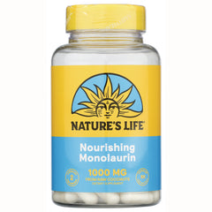 HS059 | Front view of Nature's Life Nourishing Monolaurin 1000 MG bottle with yellow and blue label and white capsules visible