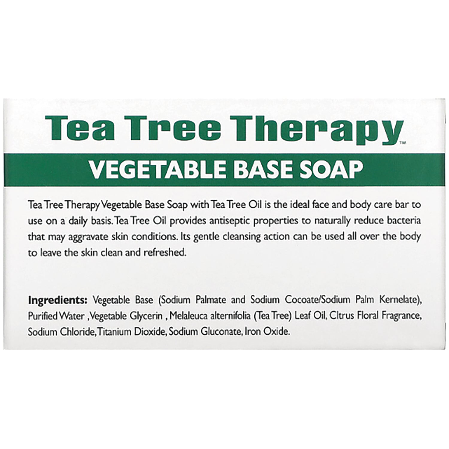 TTT002 | Tea Tree Therapy Vegetable Base Soap back label with product description and ingredients