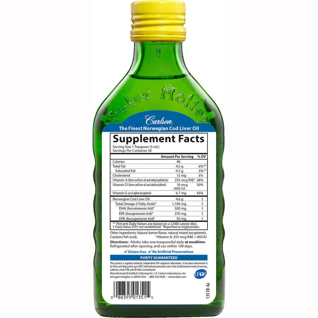 CSN008 | Back label showing Supplement Facts panel and directions on green cod liver oil bottle - Thumbnail