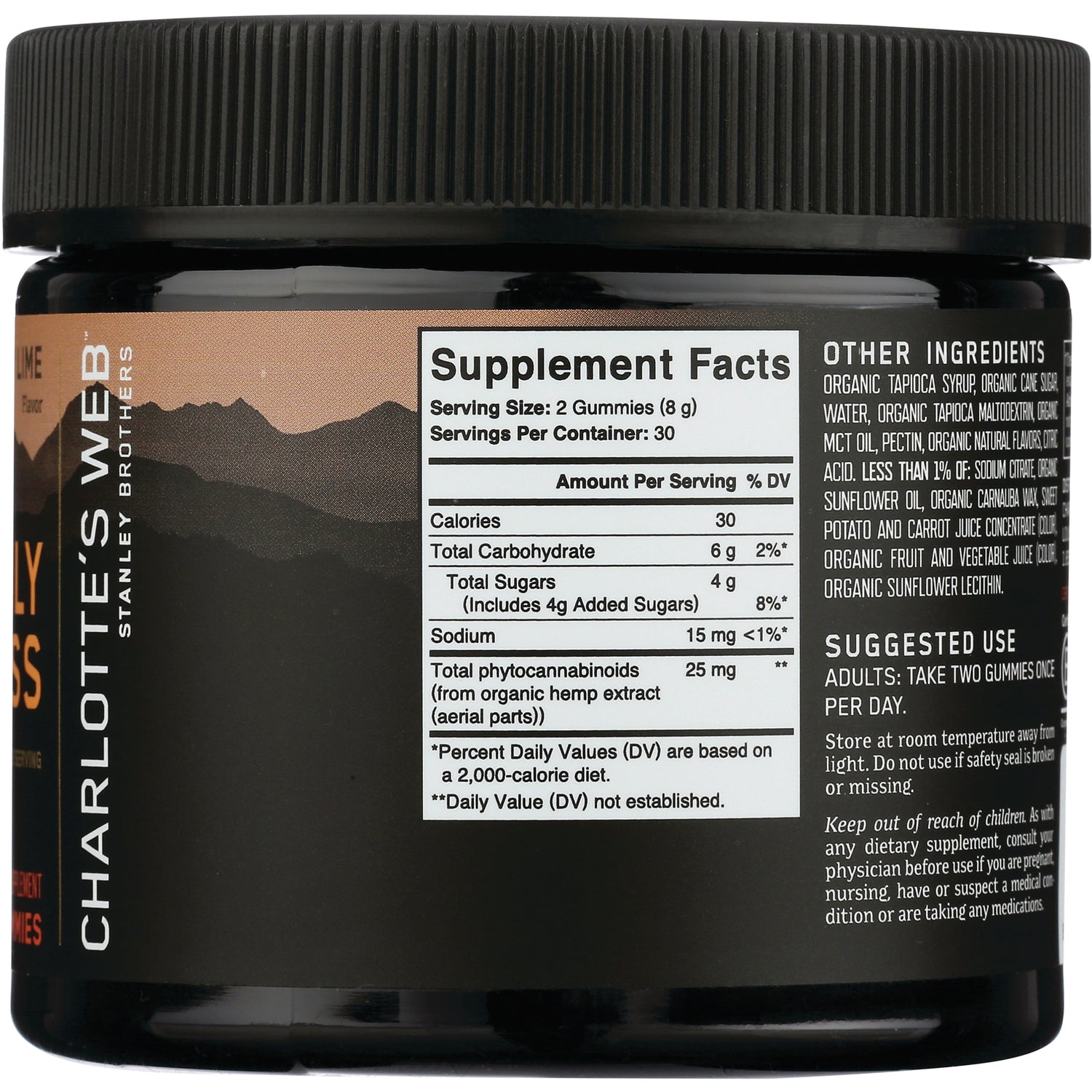CHW034 | Jar back showing Supplement Facts panel with serving size 2 gummies, nutrition table and suggested use text