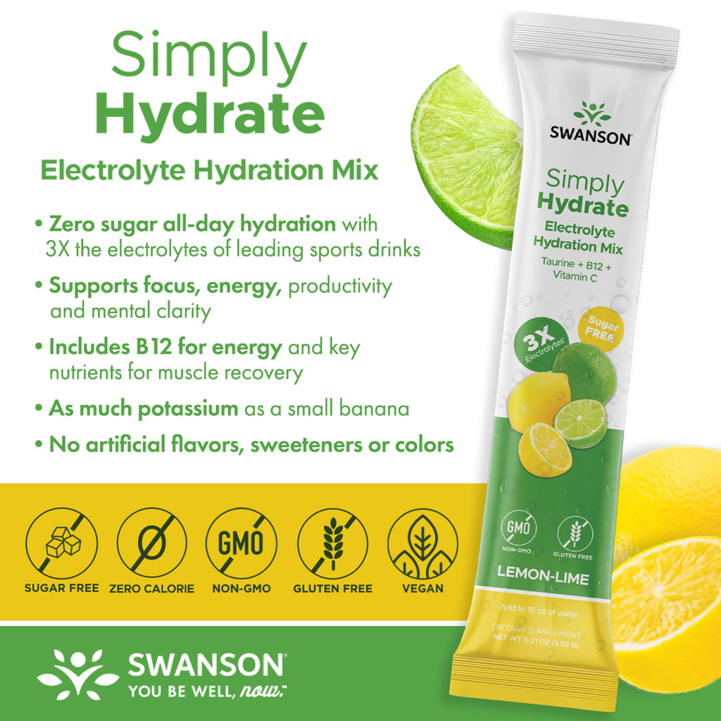 SW1942 A vertical advertisement for Swanson's Simply Hydrate Electrolyte Hydration Mix features a white tube with green and yellow accents, displaying the product name and key benefits such as '3X electrolytes' and 'sugar free.' The tube is positioned slightly tilted to the right, with a sliced lime and lemon placed beside it, emphasizing the lemon-lime flavor. - Thumbnail