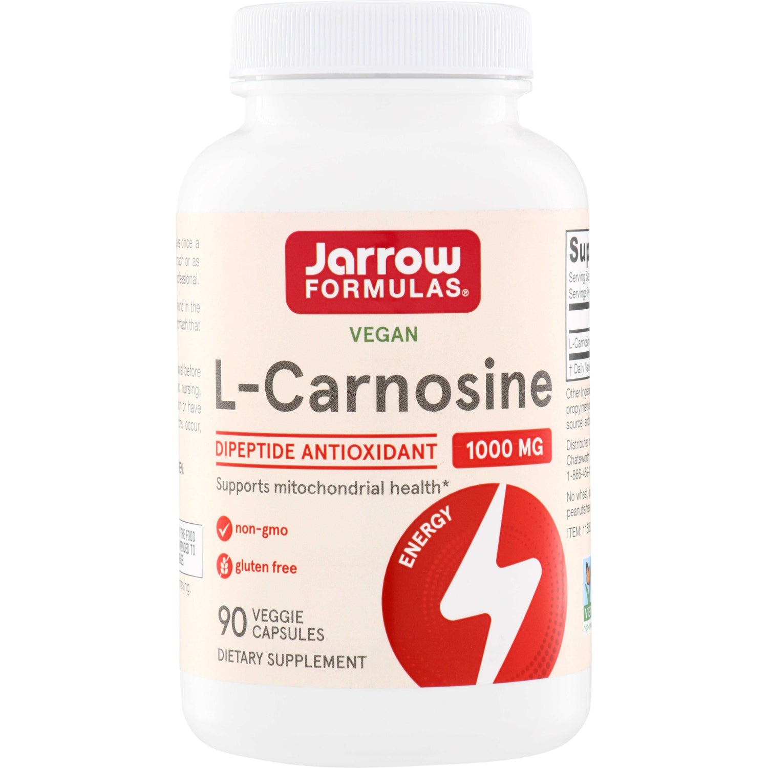 JR088 | Jarrow Formulas Vegan L-Carnosine 1000 mg, 90 veggie capsules dietary supplement bottle