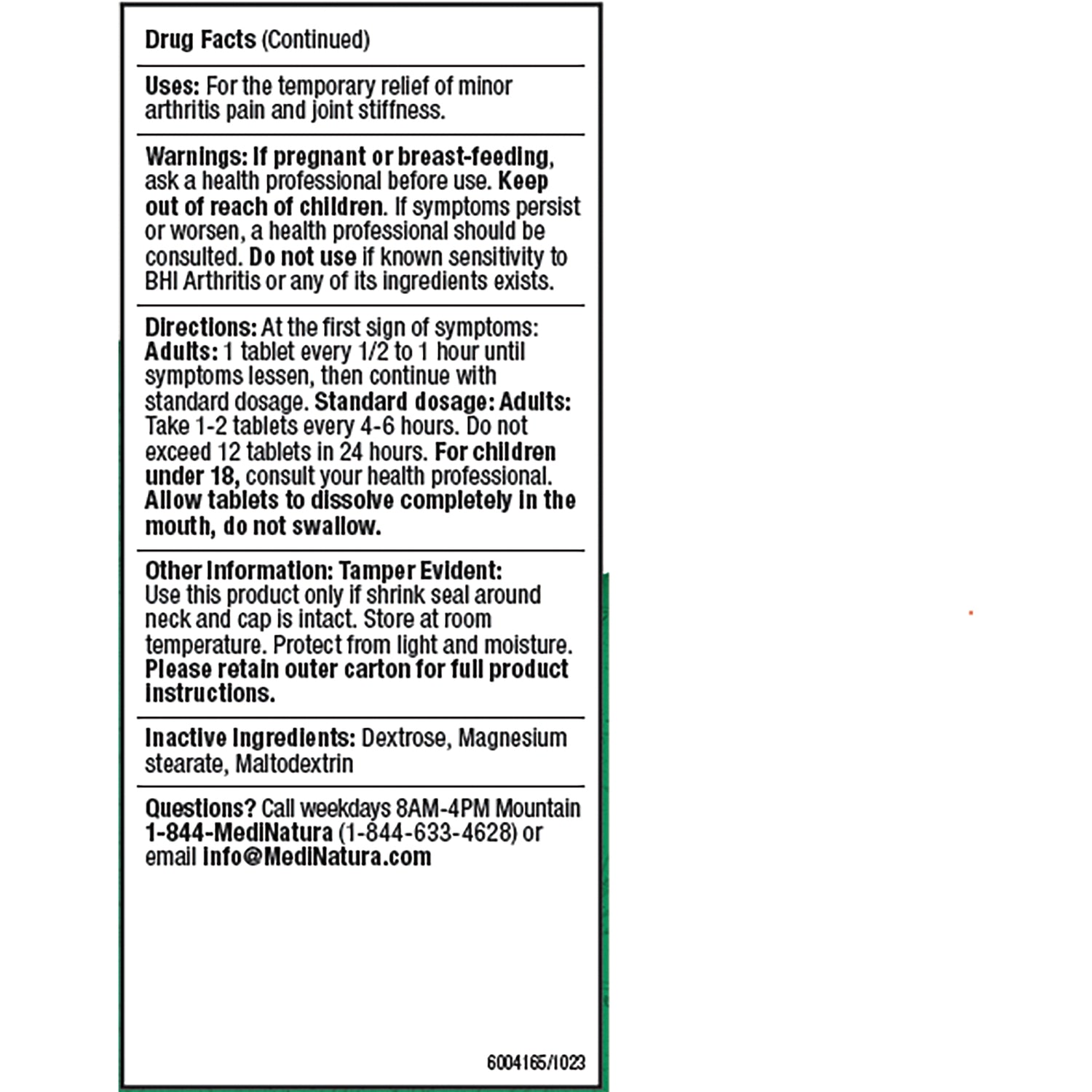 MNA034 | Back of BHI Arthritis Pain Relief Tablets box showing drug facts, directions and inactive ingredients